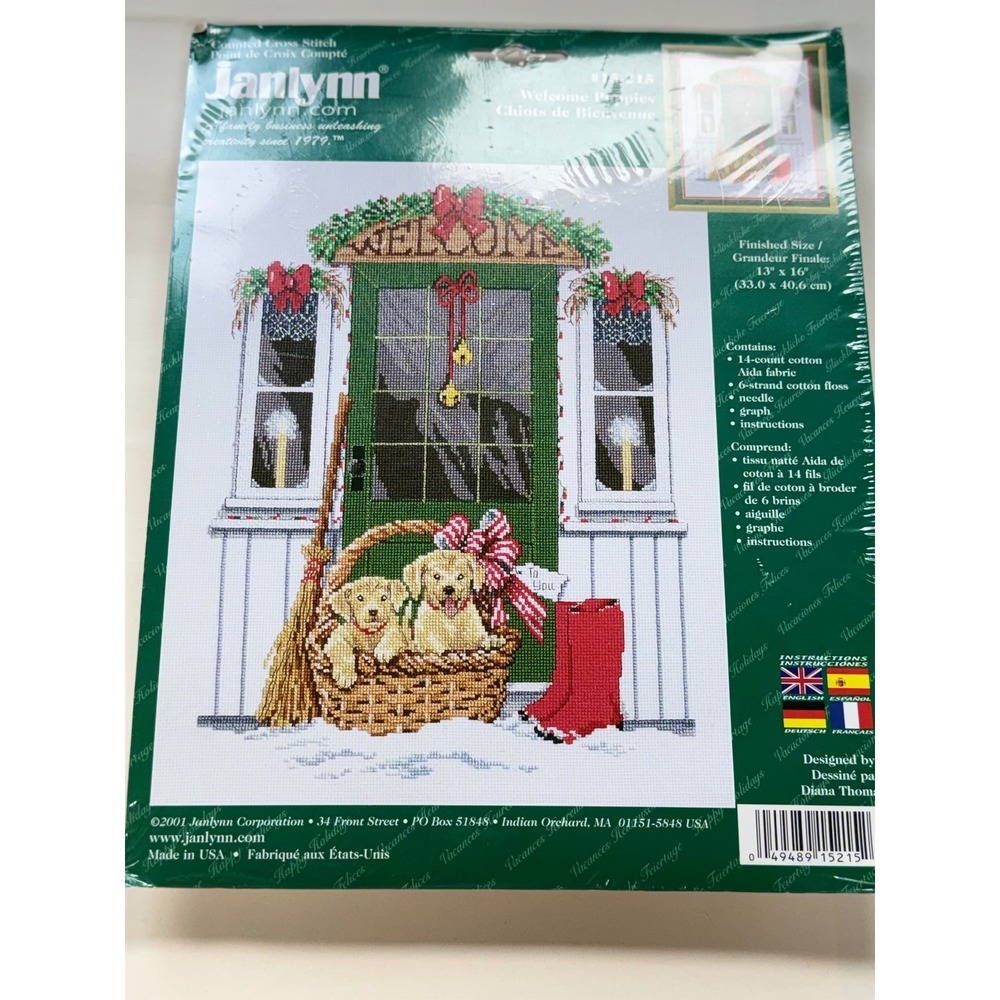 Vintage Janlynn Counted Cross Stitch Kit Welcome Puppies Christmas